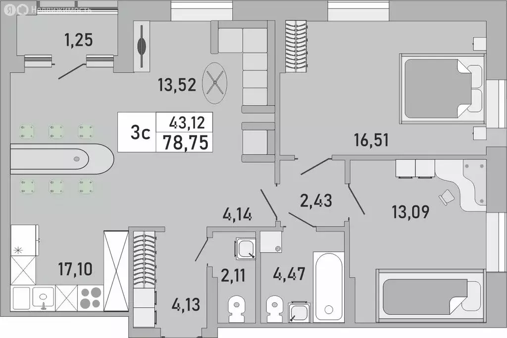 3-комнатная квартира: Уфа, Бакалинская улица, 9/1 (78.75 м) - Фото 1