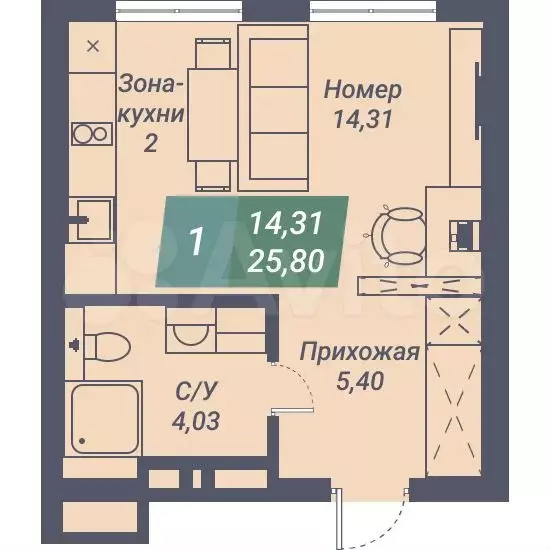 Апартаменты-студия, 25,8 м, 4/23 эт. - Фото 0