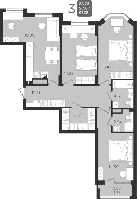 3-комнатная квартира: Калининград, улица Старшины Дадаева, 55к2 (90.07 ... - Фото 1