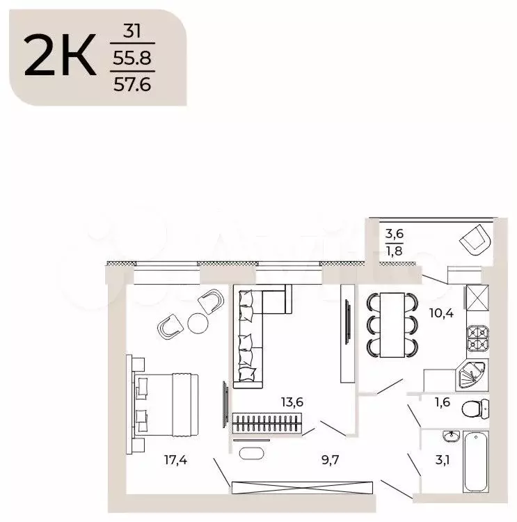 2-к. квартира, 57,6 м, 6/10 эт. - Фото 0