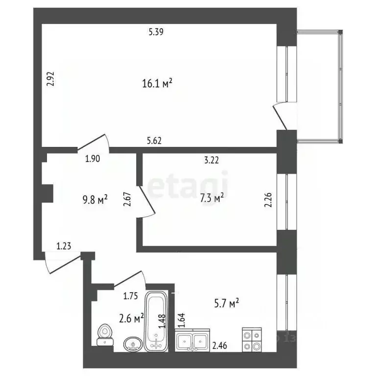 2-к кв. Тюменская область, Тюмень Рижская ул., 82 (41.5 м) - Фото 1
