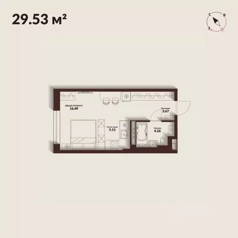 Студия Приморский край, Владивосток Каскада жилой комплекс (29.53 м) - Фото 1