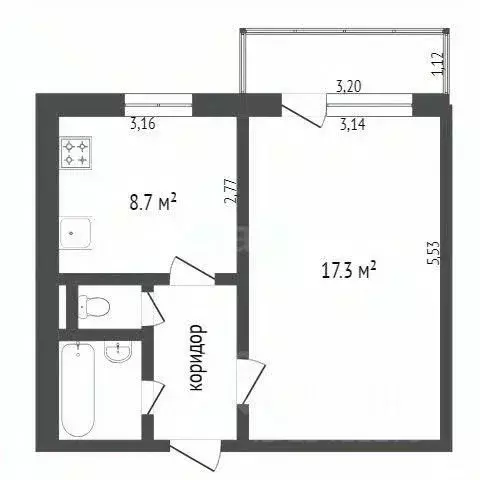 1-к кв. Белгородская область, Белгород ул. Щорса, 55а (34.8 м) - Фото 2