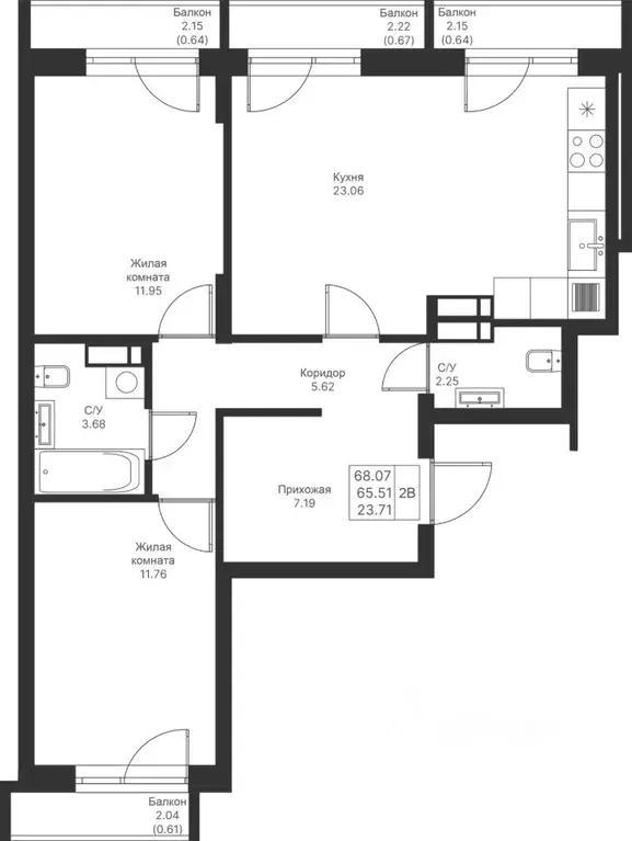 2-к кв. Татарстан, Казань Мой Ритм жилой комплекс, ПК14 (68.07 м) - Фото 2