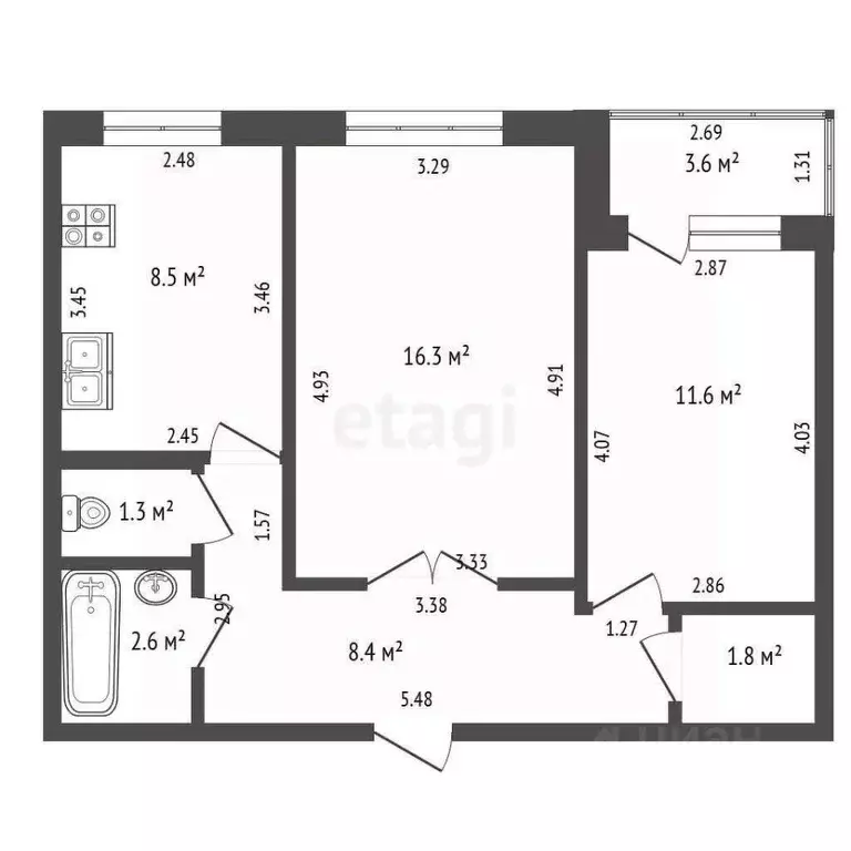 2-к кв. Башкортостан, Стерлитамак ул. Артема, 150 (50.5 м) - Фото 1