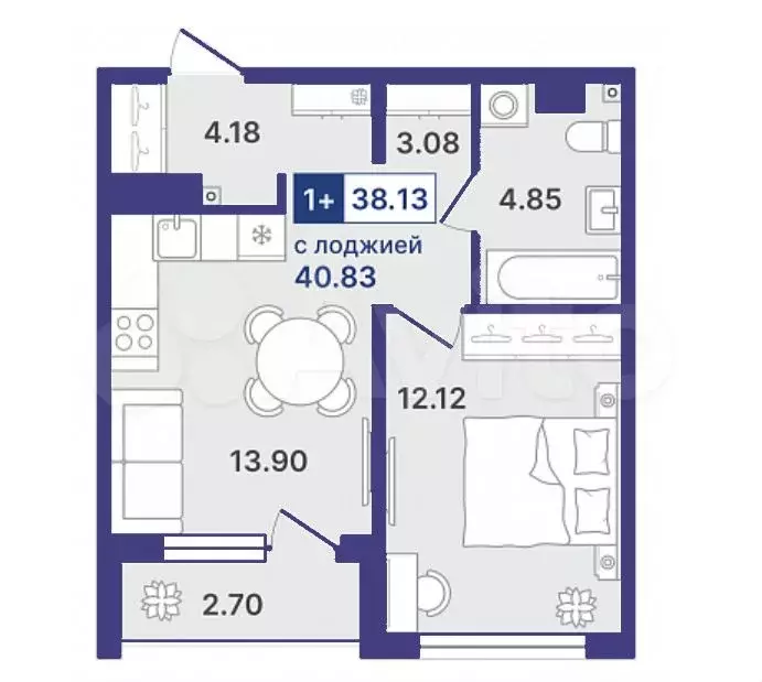 1-к. квартира, 38 м, 7/8 эт. - Фото 1