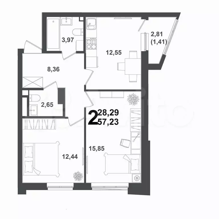 2-к. квартира, 57,6 м, 3/12 эт. - Фото 1