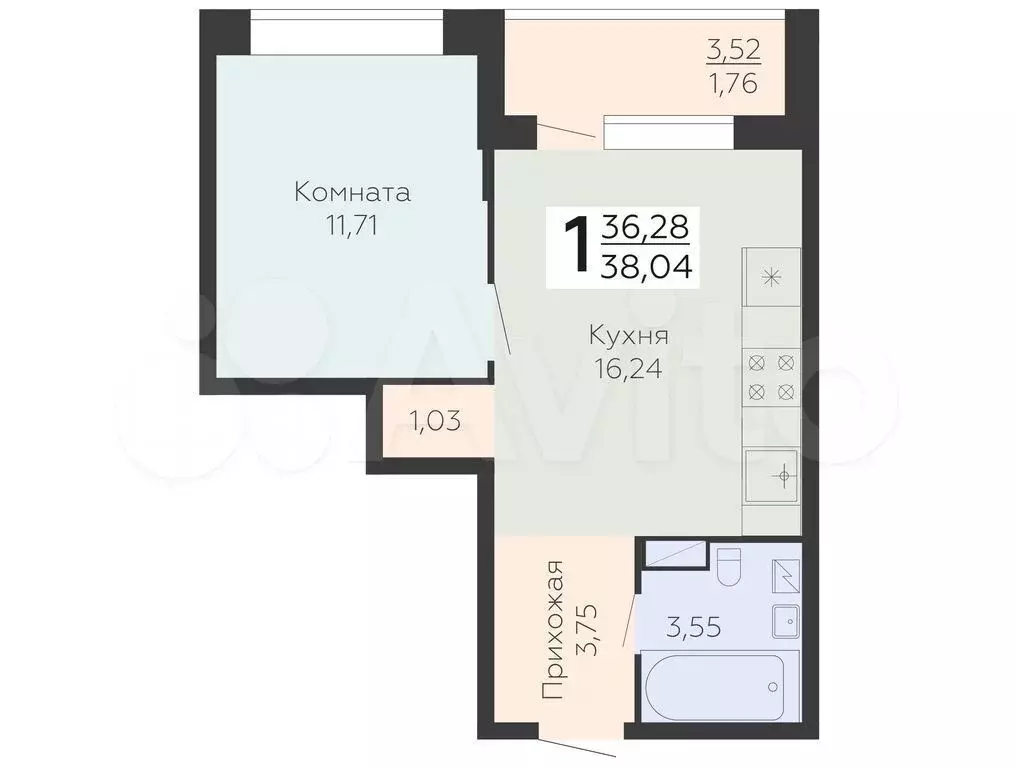 1-к. квартира, 38 м, 2/21 эт. - Фото 0