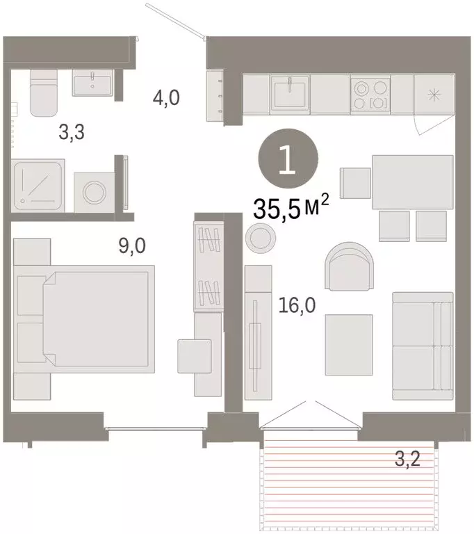 2-комнатная квартира: Тюмень, улица Республики, 205к2 (35.3 м) - Фото 2