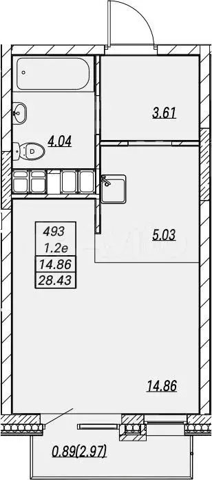 Квартира-студия, 28,4м, 13/14эт. - Фото 1