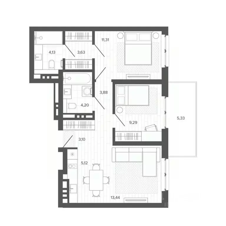 3-к кв. Алтайский край, Барнаул Жилплощадка мкр,  (63.43 м) - Фото 1