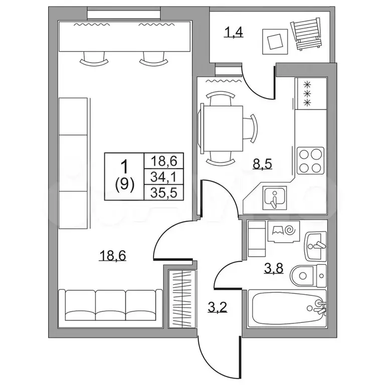 1-к. квартира, 35,5 м, 5/8 эт. - Фото 1