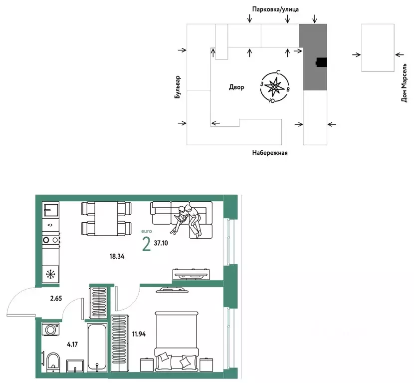 2-к кв. Тюменская область, Тюмень Береговая ул., 100к2 (37.1 м) - Фото 1
