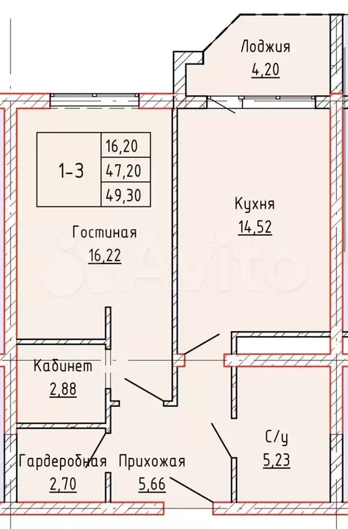 1-к. квартира, 49,3 м, 7/20 эт. - Фото 1