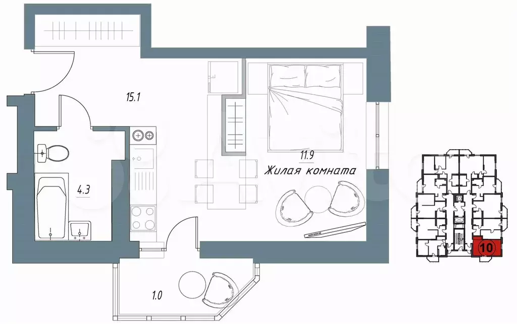 1-к. квартира, 31,6 м, 6/9 эт. - Фото 0
