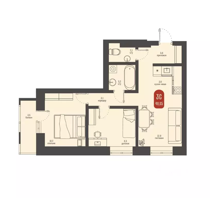 3-к кв. Томская область, Томск ул. Косарева, 6 (48.05 м) - Фото 0