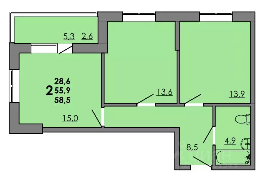 2-к кв. Ростовская область, Ростов-на-Дону Левенцовский мкр,  (58.5 м) - Фото 1