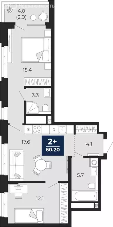 2-комнатная квартира: Тюмень, проезд Капитана Куликова, 5 (62.2 м) - Фото 1