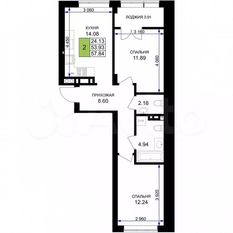 2-к. квартира, 57,8 м, 4/7 эт. - Фото 1