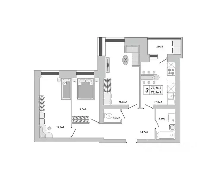 3-к кв. Тамбовская область, Тамбов ул. Чичерина, 7/3 (77.1 м) - Фото 2