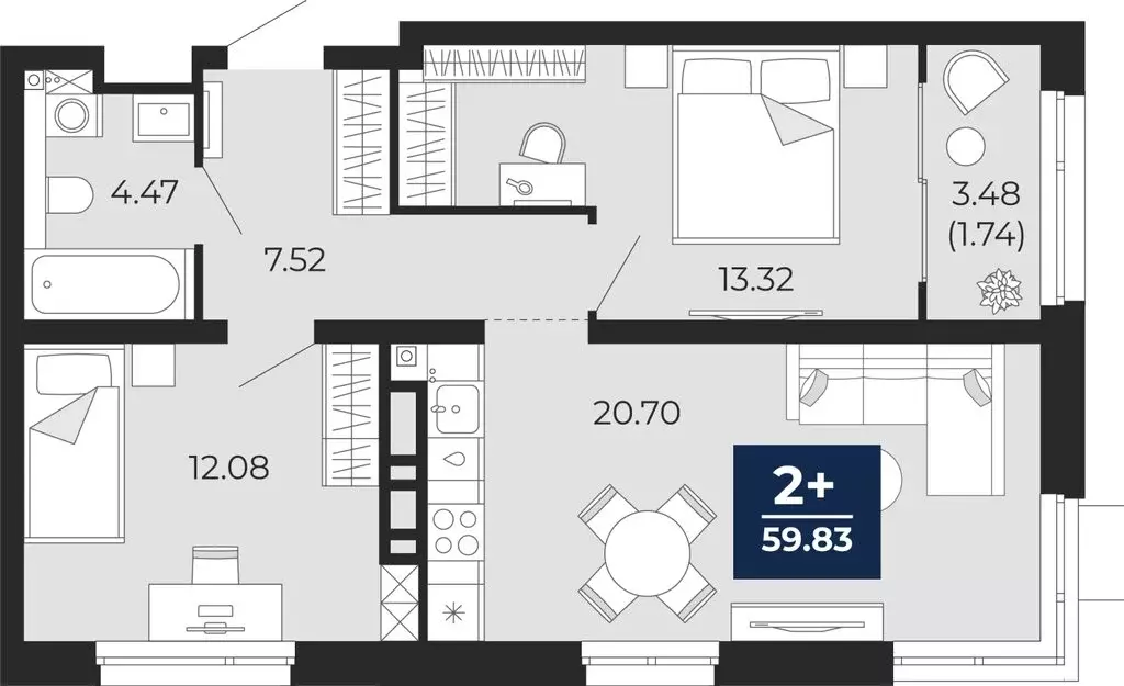 2-комнатная квартира: Тюмень, Арктическая улица, 14 (58.09 м) - Фото 0