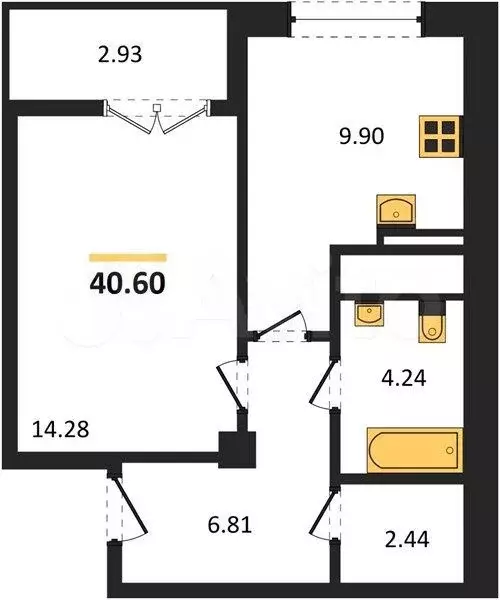 1-к. квартира, 40,6 м, 8/9 эт. - Фото 1
