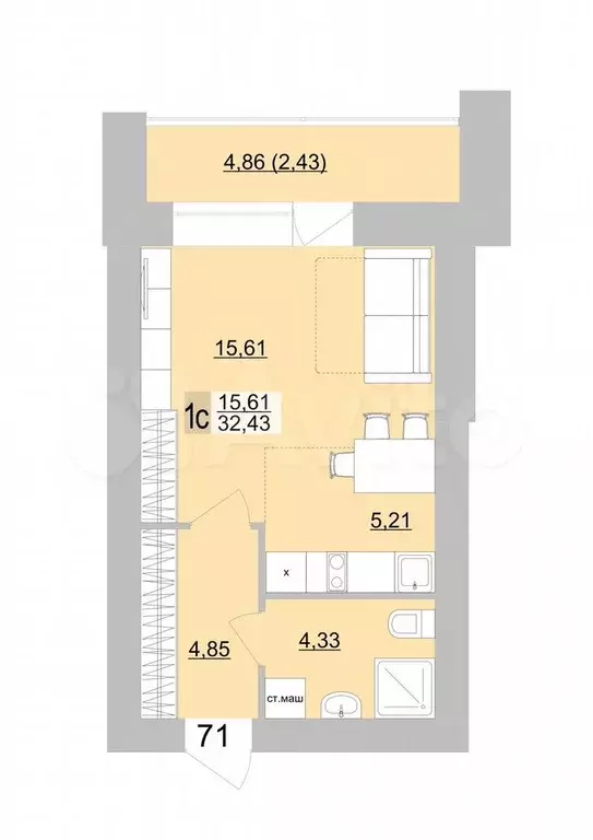 Квартира-студия, 32,4 м, 12/16 эт. - Фото 0