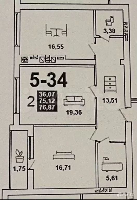 2-к. квартира, 77 м, 9/10 эт. - Фото 1