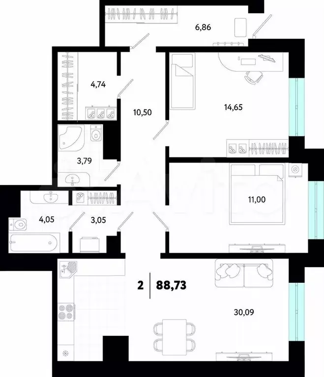 2-к. квартира, 88,7 м, 1/4 эт. - Фото 0