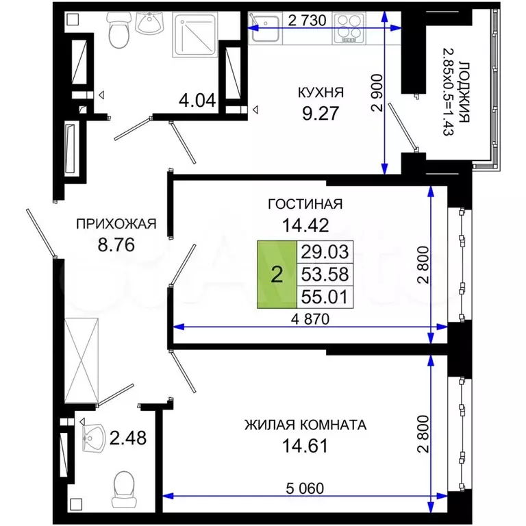 2-к. квартира, 55 м, 5/25 эт. - Фото 0