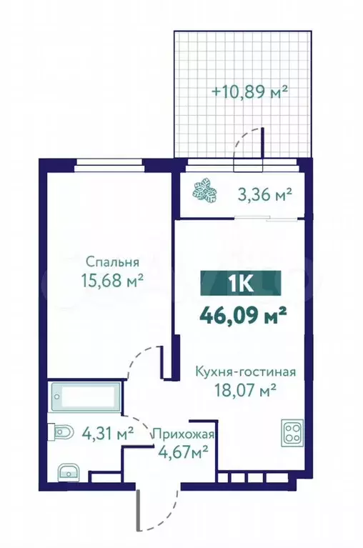 1-к. квартира, 46,1 м, 1/10 эт. - Фото 1