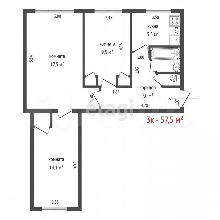 3-к. квартира, 57,5 м, 1/5 эт. - Фото 0