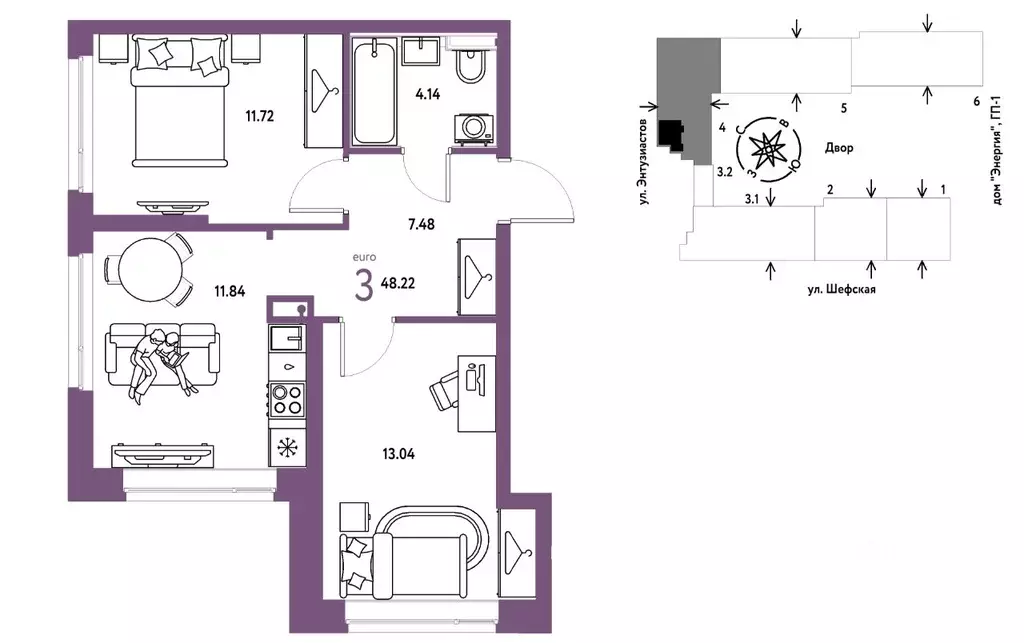 3-к кв. Свердловская область, Екатеринбург ул. Шефская, 28А (48.22 м) - Фото 1