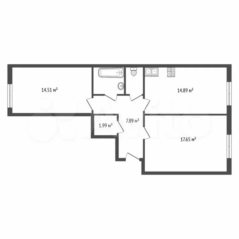 Доля в 2-к. квартире, 57 м, 3/5 эт. - Фото 0