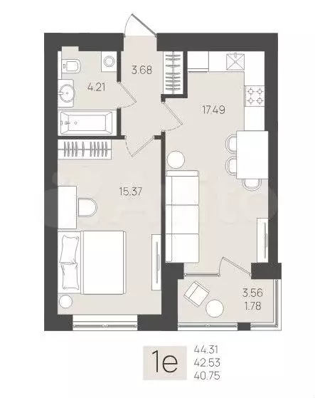 1-к. квартира, 44,3 м, 4/5 эт. - Фото 1