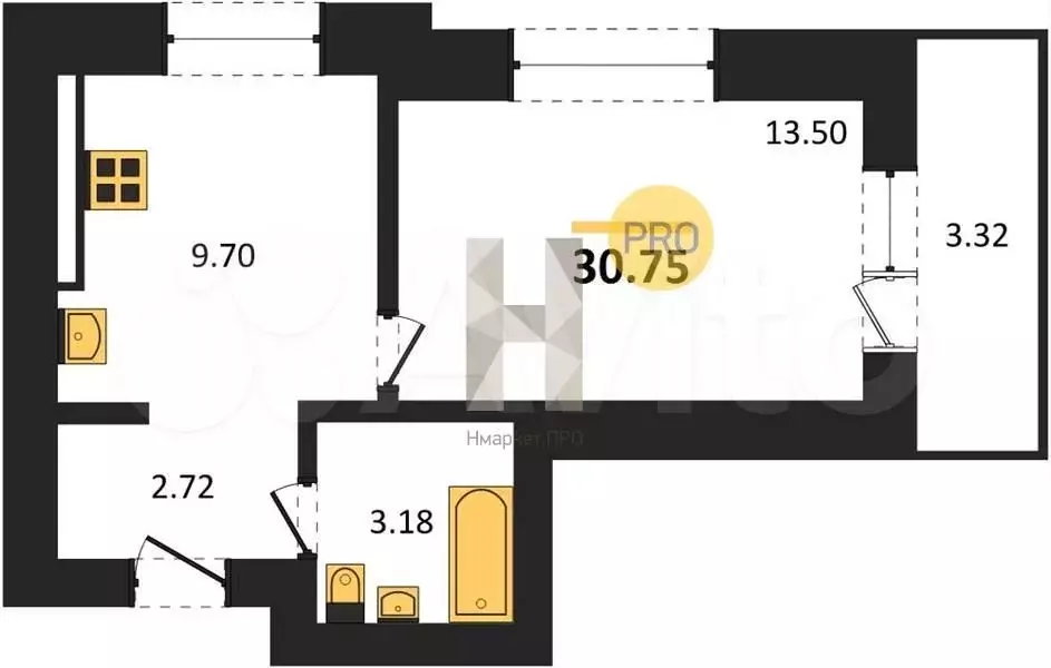 1-к. квартира, 30,8 м, 2/9 эт. - Фото 1