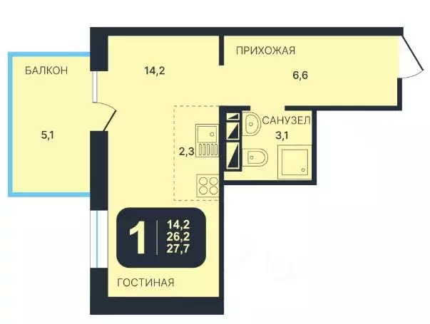 Студия Новосибирская область, Новосибирск ул. Гаранина, 45 (27.7 м) - Фото 0