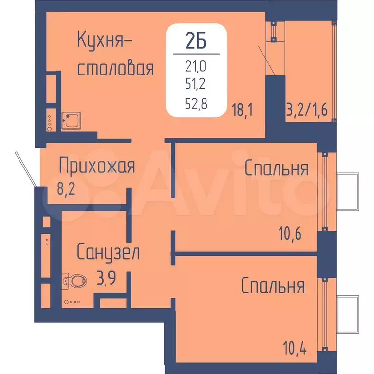 2-к. квартира, 52,8 м, 18/24 эт. - Фото 0