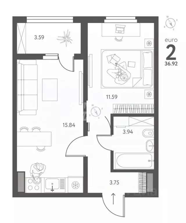 1-к кв. Липецкая область, Липецк ул. Перова (36.92 м) - Фото 2