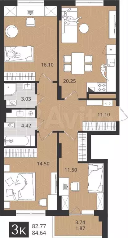 3-к. квартира, 82,9 м, 1/4 эт. - Фото 0