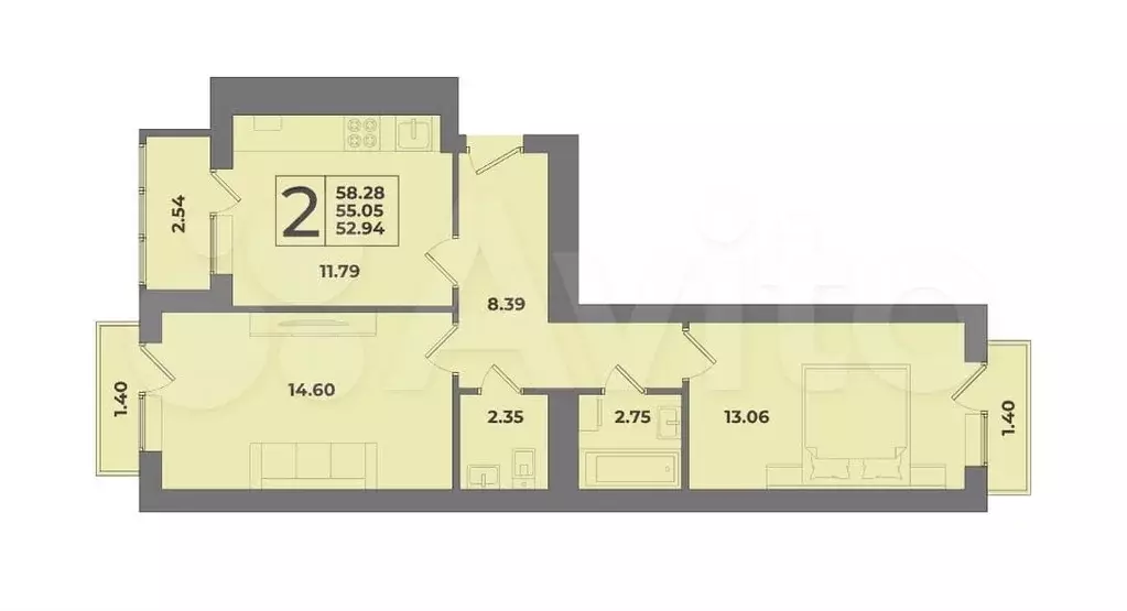 2-к. квартира, 55,1 м, 9/9 эт. - Фото 1