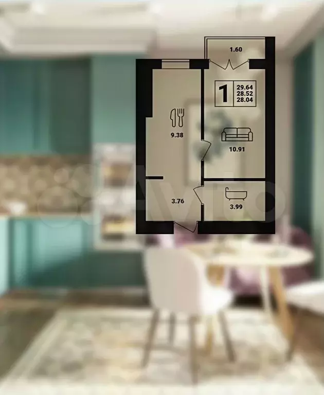 1-к. квартира, 29,7 м, 6/6 эт. - Фото 0