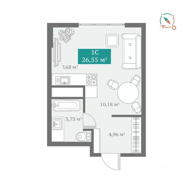 Студия Тюменская область, Тюмень ул. Алматинская, 10 (26.55 м) - Фото 1