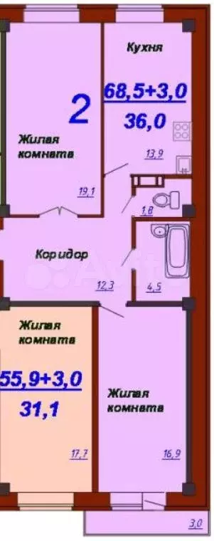 2-к. квартира, 71 м, 3/9 эт. - Фото 0