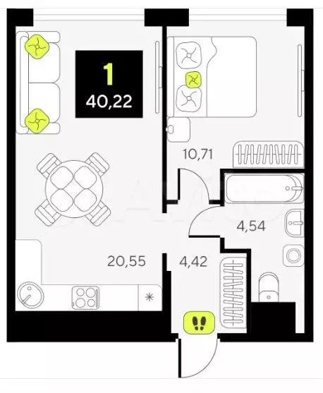 1-к. квартира, 40 м, 3/17 эт. - Фото 1