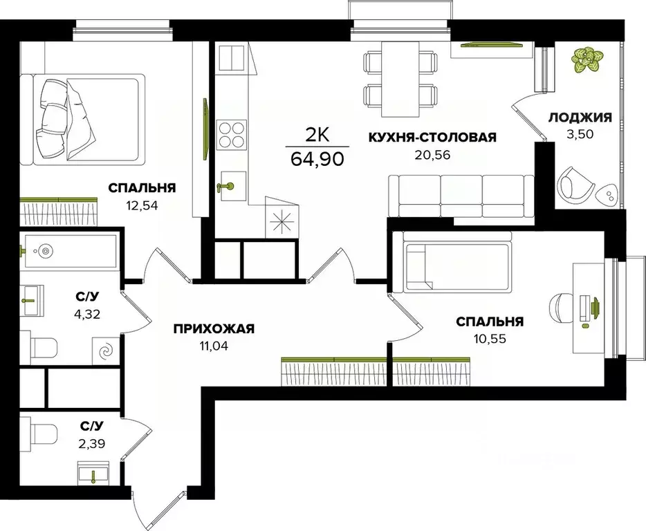 2-к кв. Тульская область, Тула  (64.9 м) - Фото 0