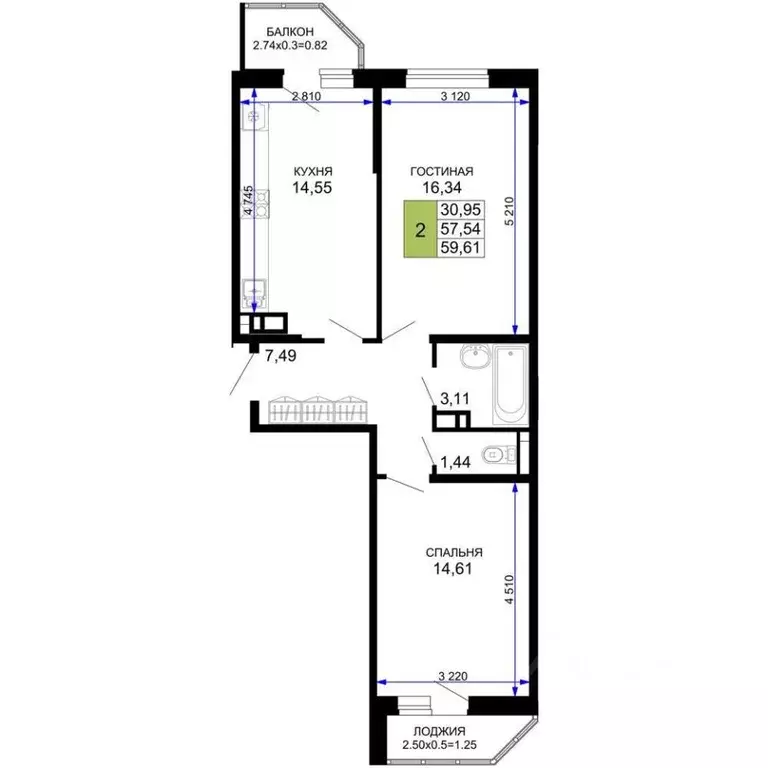 2-к кв. Адыгея, Майкоп Степная ул., 255с2 (59.61 м) - Фото 1