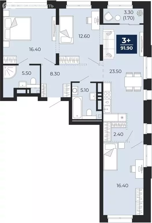 3-комнатная квартира: Тюмень, жилой комплекс Айвазовский Сити (91.9 м) - Фото 0