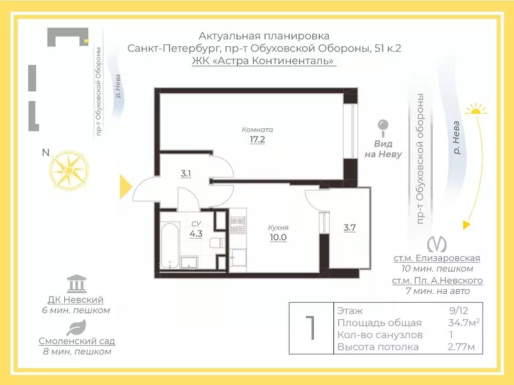 1-к кв. Санкт-Петербург просп. Обуховской обороны, 51к2 (34.67 м) - Фото 1