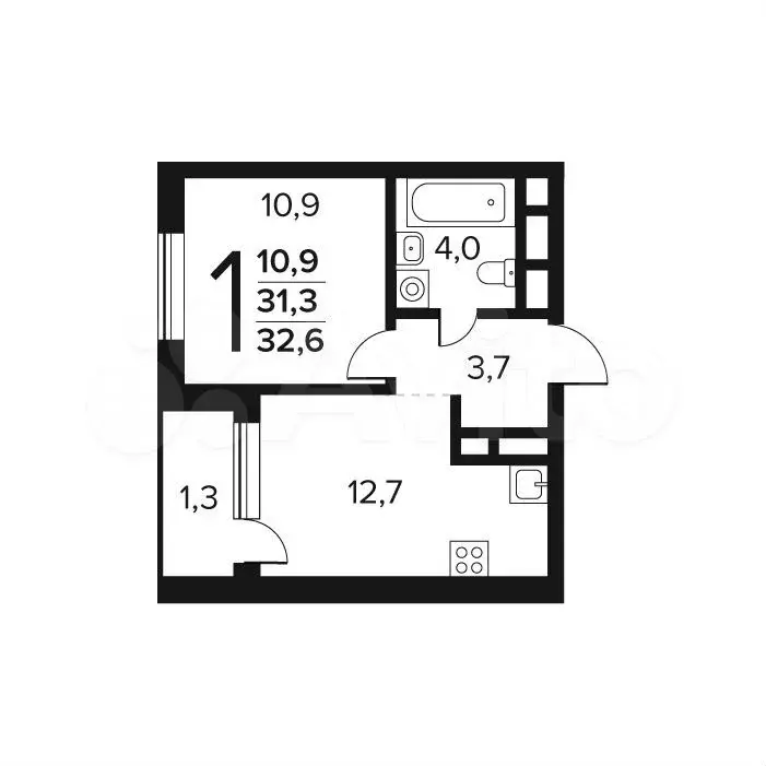 1-к. квартира, 32,6 м, 8/9 эт. - Фото 0